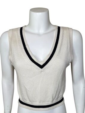 Aritzia Sunday Best Wool Sweater Vest S V-neck Cropped Cream Ivory Navy Blue